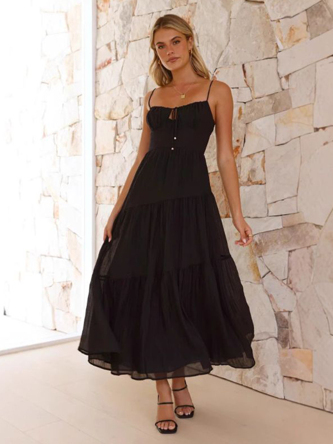 bebe Black Tie-Front Bust Spaghetti Strap Fit & Flare Tiered Maxi Dress