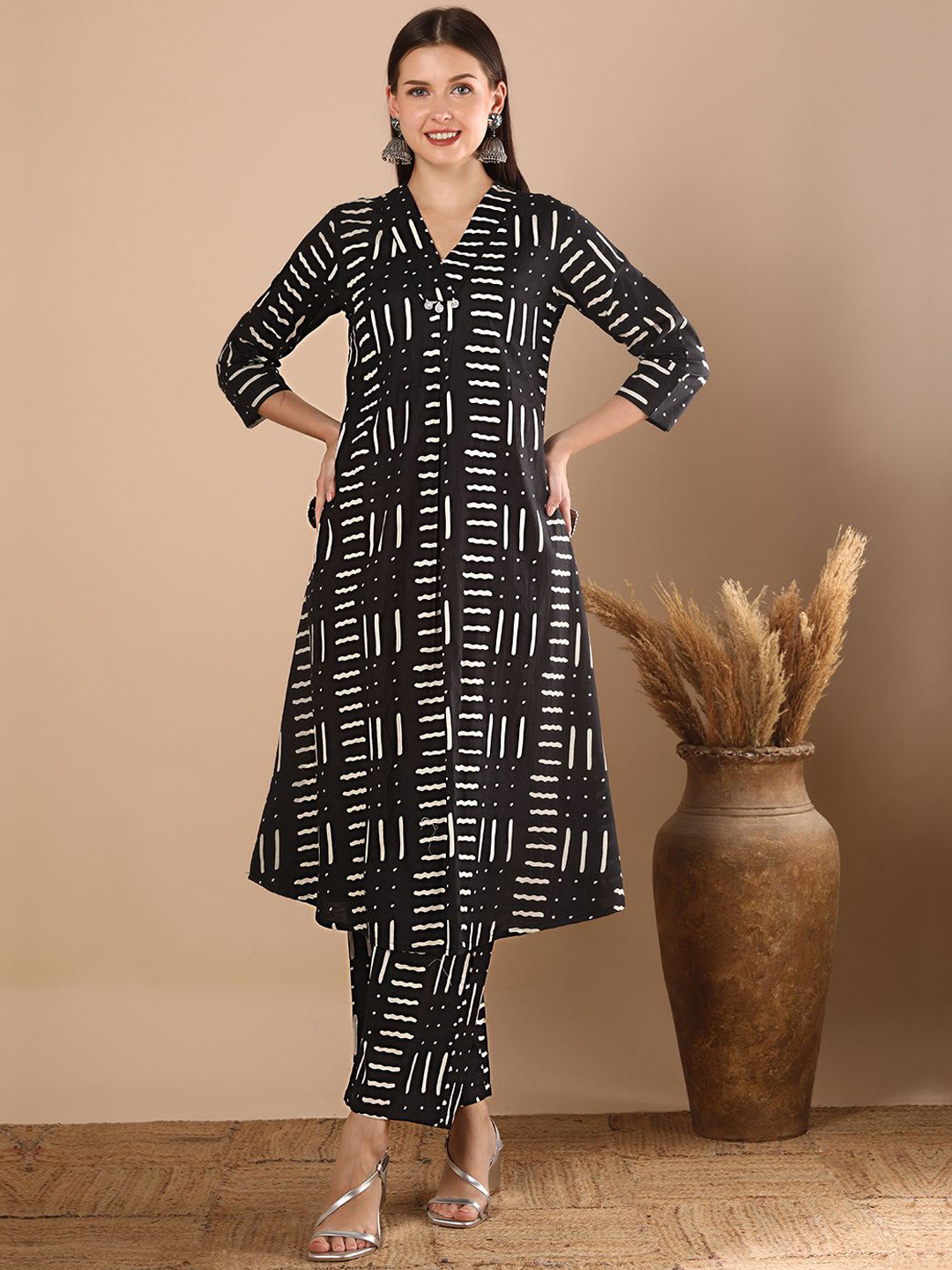 FASHOR Printed A-Line Cotton Tunic & Palazzos Co-Ord Set