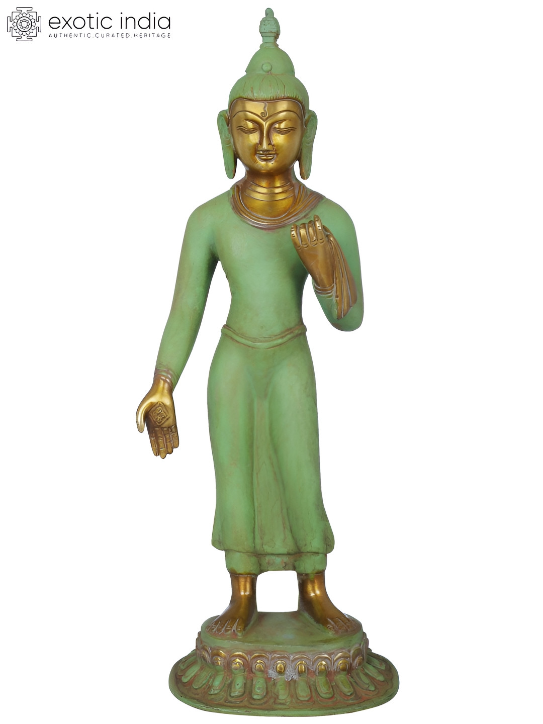 Exotic India Standing Thai Buddha Green Brass Metallic Garden Hand Made Medium Showpiece - 14.5 Inches
