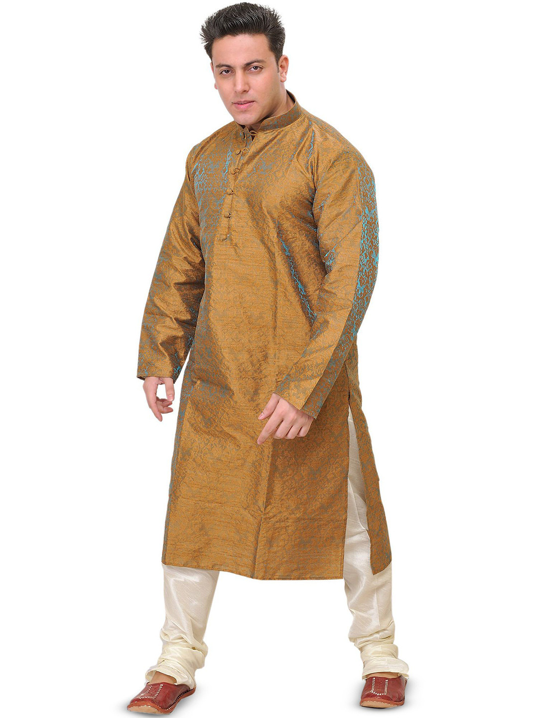 Exotic India Wedding Art Silk Kurta Pajama Set with All-Over Woven Floral Motifs In Self