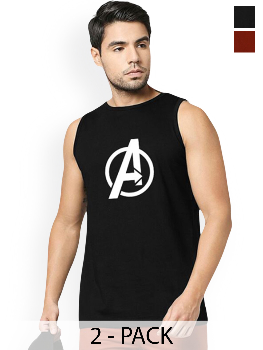 Organic Chics Pack Of 2 Printed Cotton Tank Vests Black Avenger - Maroon Ironman_S