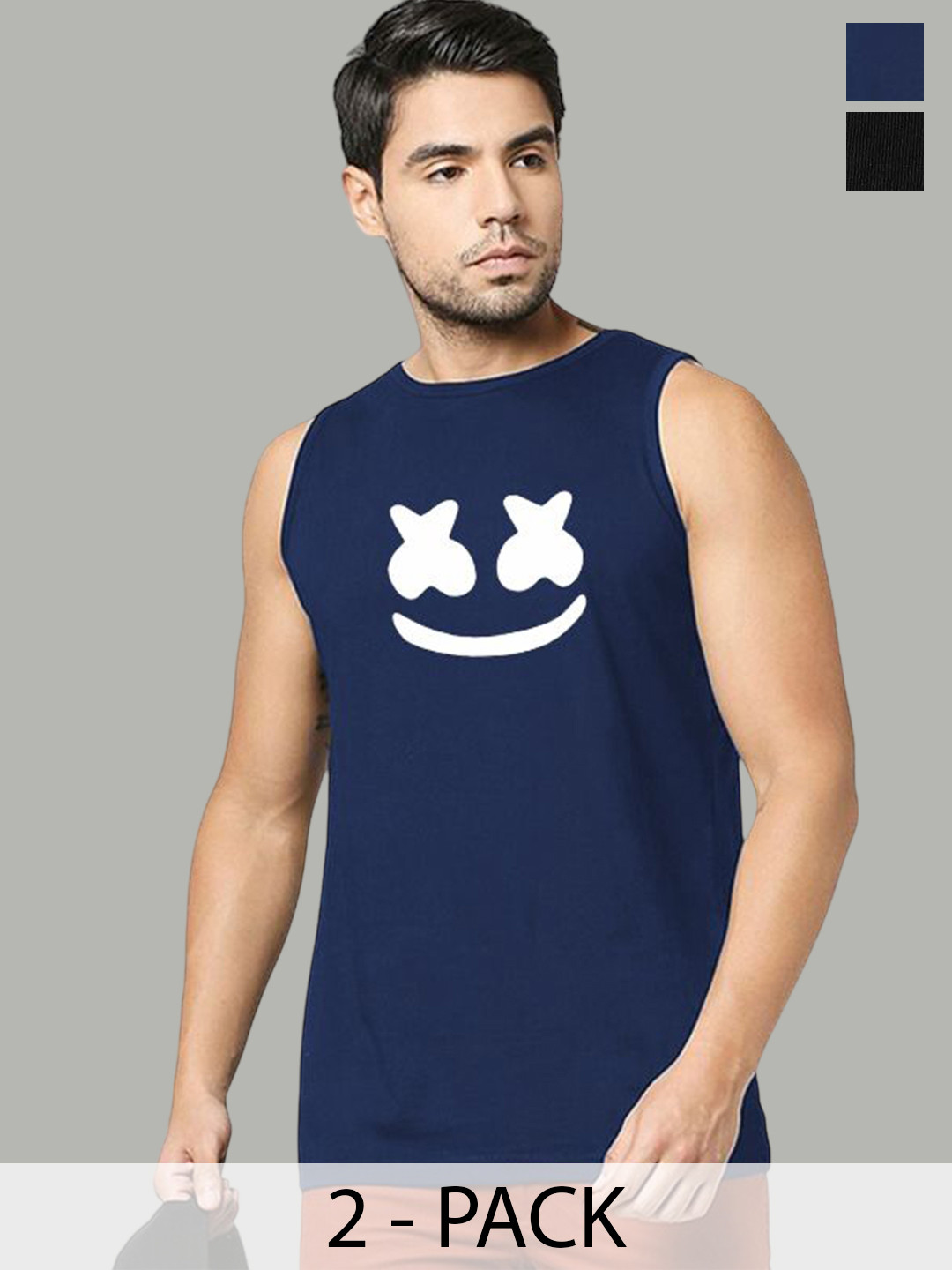 Organic Chics Pack Of 2 Printed Cotton Tank Vests NavyMarshmellow-BlackKing_S