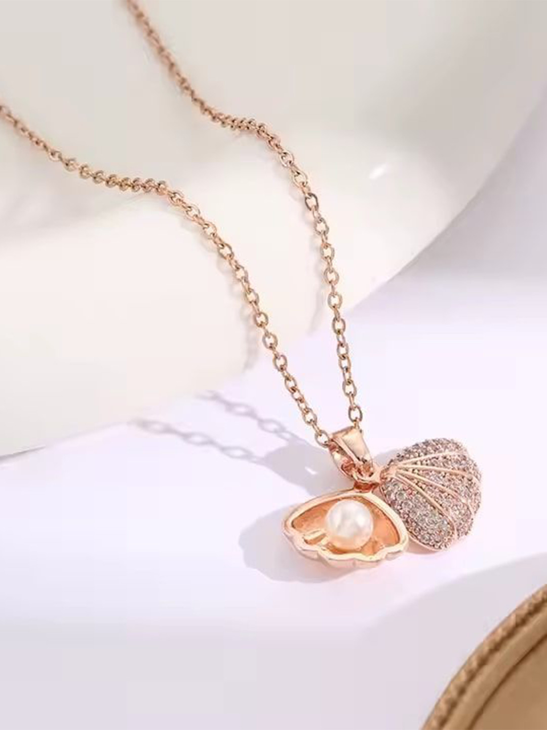 MRIDU ESSENTIALS Stainless Steel Rose Gold-Plated CZ & Pearls Shell Pendant With Chain