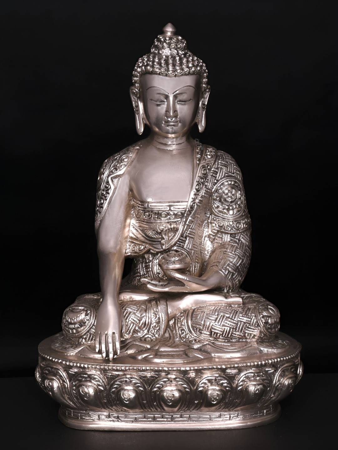 Exotic India Bhumisparsha Buddha Silver Brass Metallic Study Room Small Showpiece - 12.5 Inches