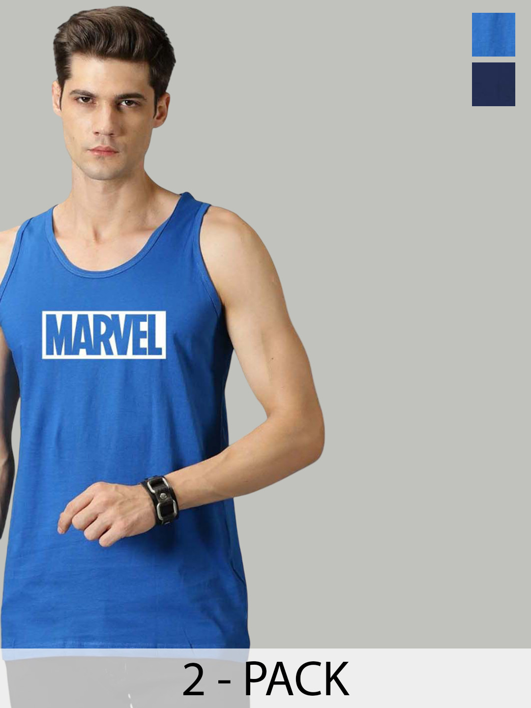 Organic Chics Pack Of 2 Printed Cotton Tank Vests Royal Marvel - Navy Infinity_S
