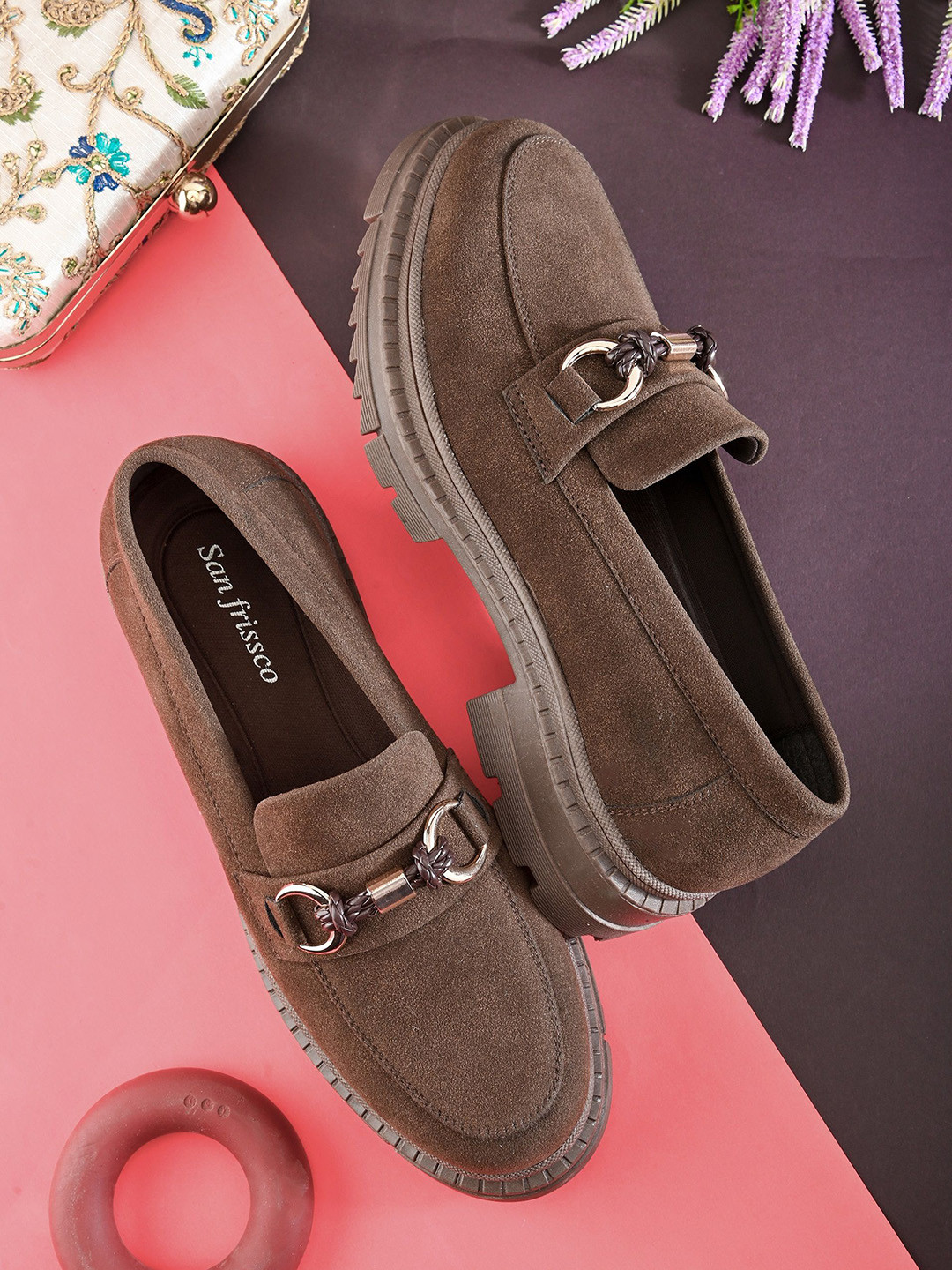 San Frissco Women Brown Suede Loafers With Buckles