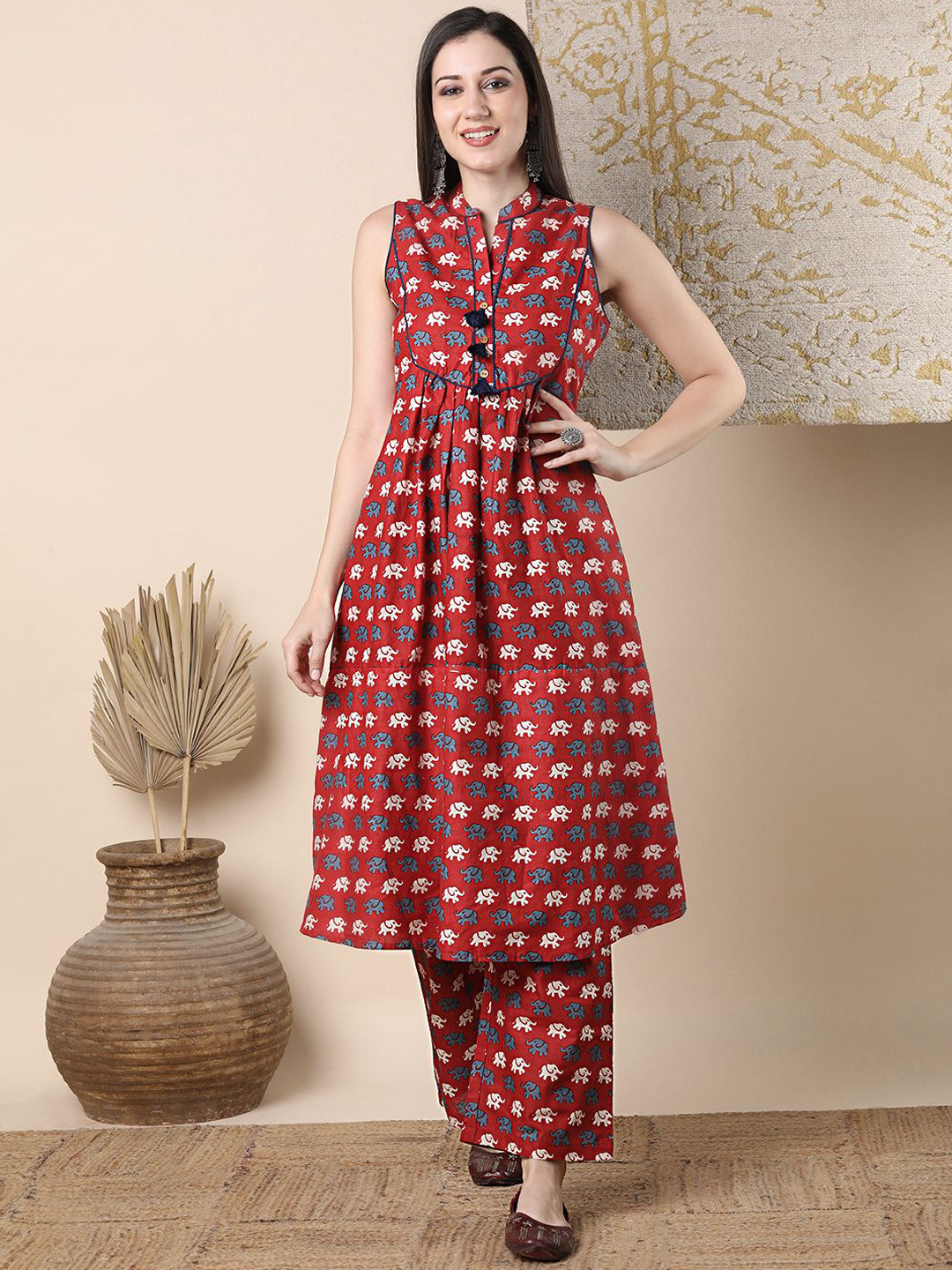 FASHOR Elephant Printed A-Line Pleated Tunic & Palazzo Co-Ord Set