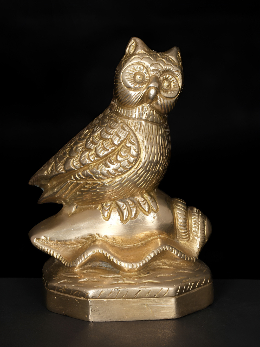 Exotic India Owl on Conch Gold Brass Metallic Living Room Medium Showpiece - 5 Inches