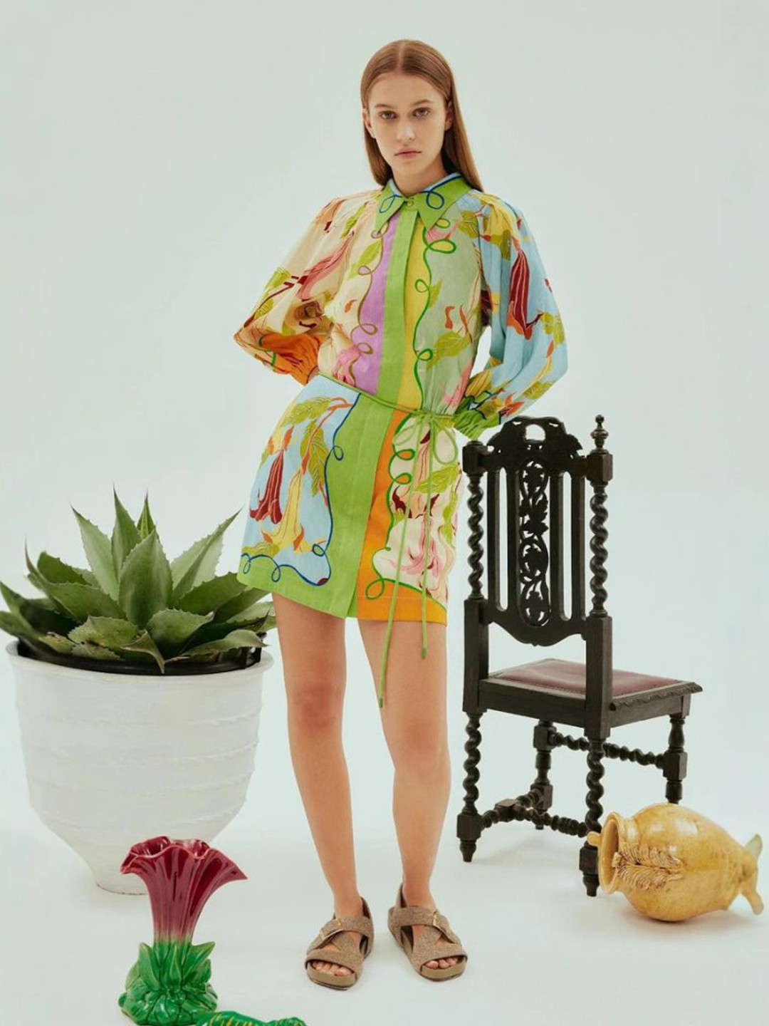 Bebe Multi-Color Abstract Floral Print Long Sleeve Shirt Mini Dress with Tie-Waist