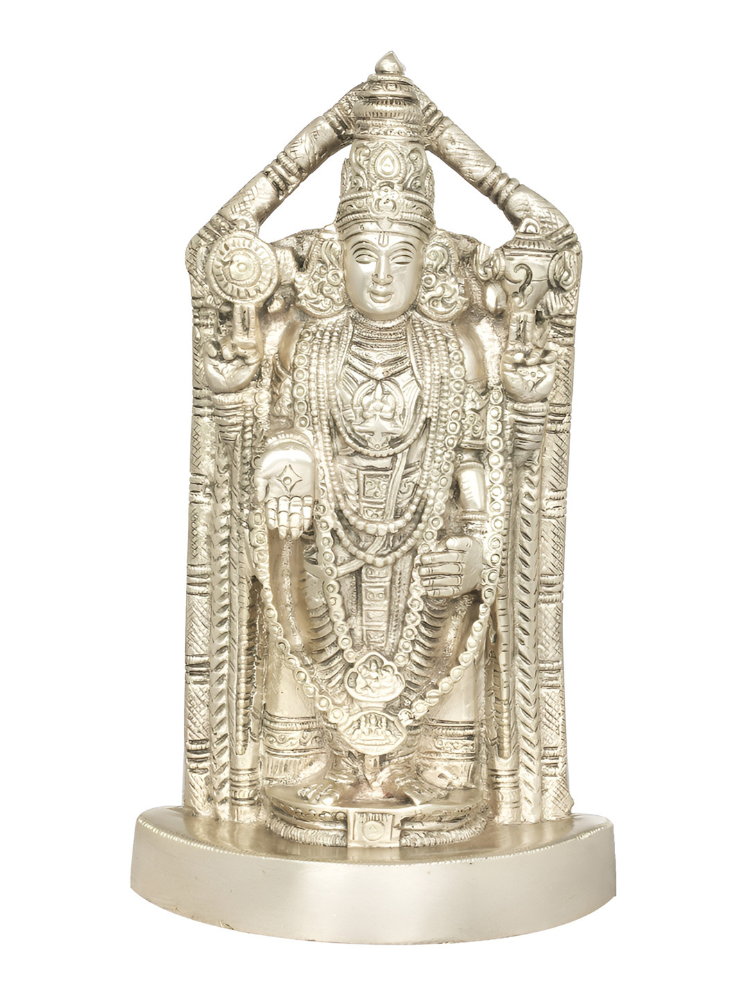 Exotic India Lord Venkateshvara Silver Brass Metallic Prayer Room Hand Made Medium Showpiece - 8.5 Inches