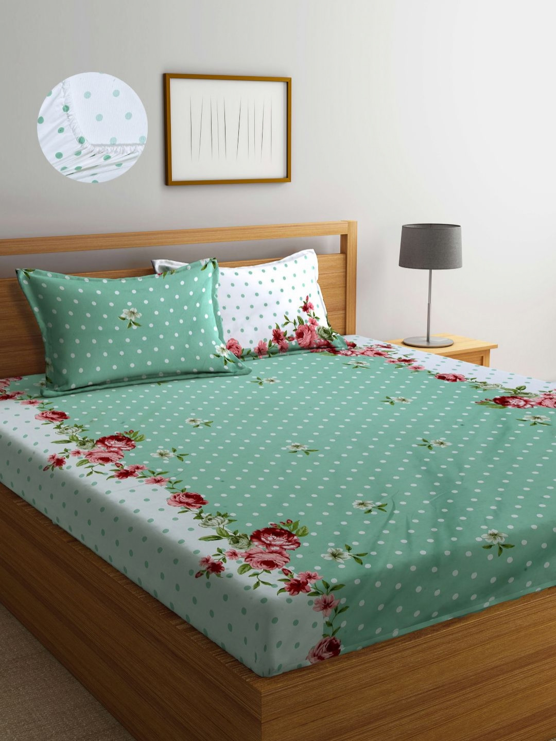 Aura Luxurious Premium Green Floral Cotton Dotted 300 TC Fitted King Fine Bedsheet with 2 Pillow Covers-250 x 215 cm