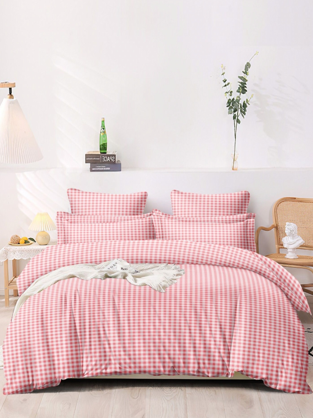 BREVARD Pink Checked 210 TC Fitted Single Bedsheet with 1 Pillow Cover- 91.44cmx1.82mx20cm