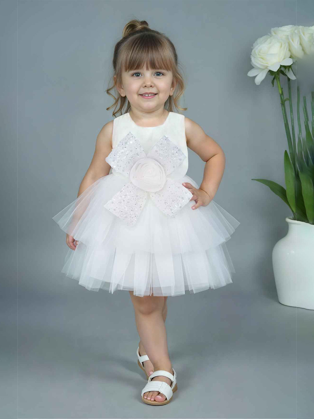 Lagorii Girls Floral Embellished And Sequins Work Layered Party Wear Frock White