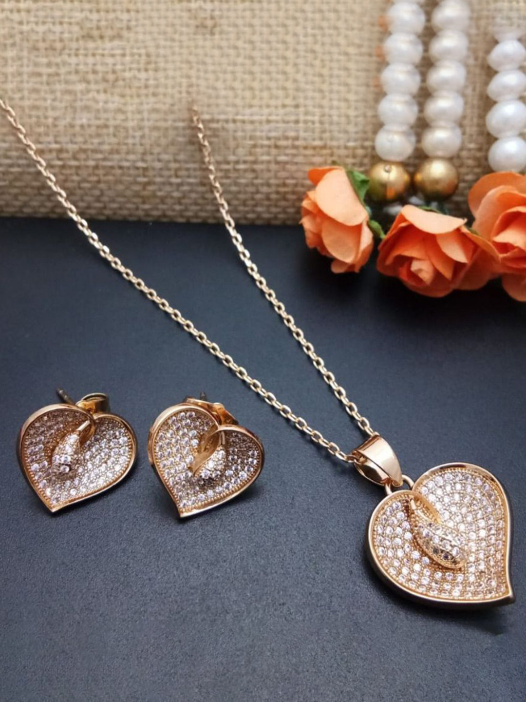 Rose Gold Rose Gold Heart Shape  Cz Pendant Set For Women & Girls