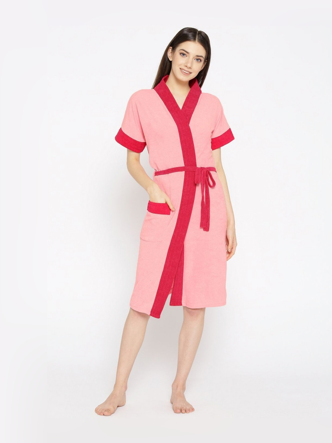 LABNO Pink Solid Cotton Drawstring Knee Length Bath Robe