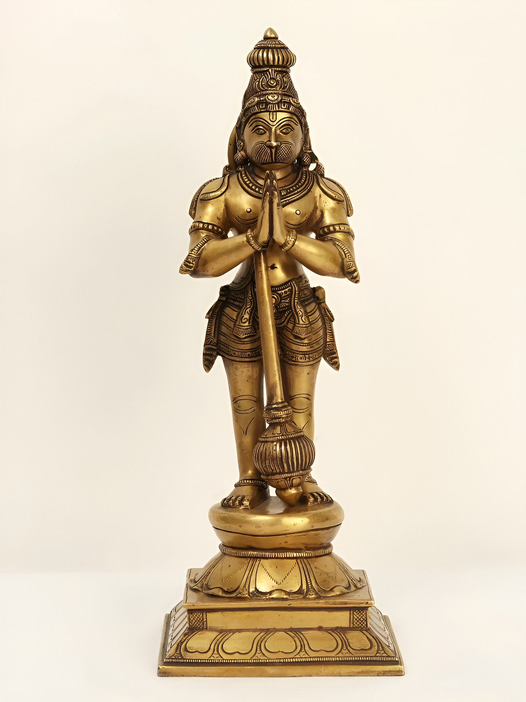 Exotic India Standing Hanuman Gold Brass Metallic Prayer Room Hand Made Medium Showpiece - 16 Inches