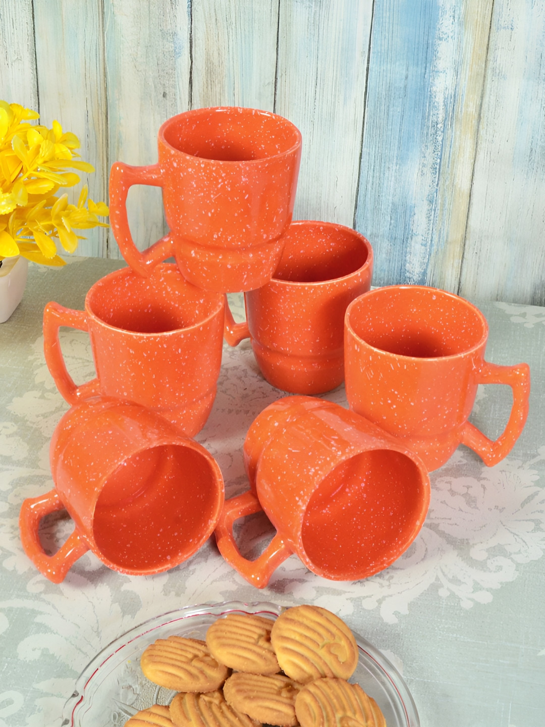 Myntra Elegant Homes Personalised Heart Handle Orange Ceramic Handcrafted 6 Piece Mugs-310ml