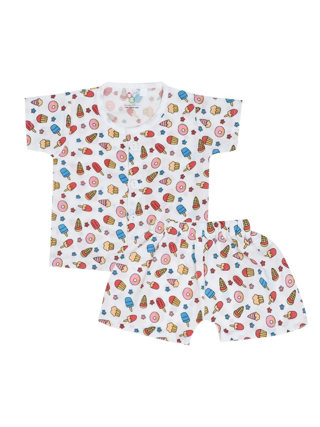SMILEY BUTTONS Kids Printed Round Neck Shirt & Shorts Pure Cotton Clothing Set