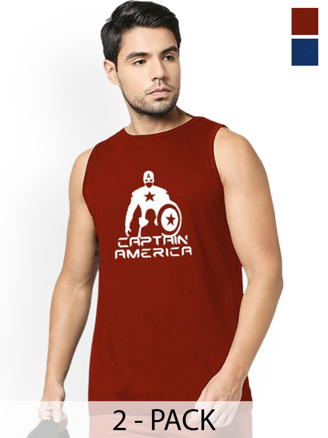 Organic Chics Pack Of 2 Printed Cotton Tank Vests Maroon Captain - Royal Thor_S