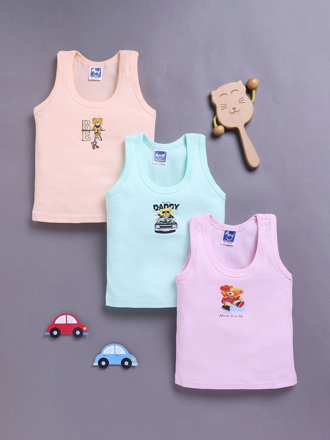 Unfab Infant Boys Assorted Pack Of 3 Printed  Cotton Basic Vests W66-BOYS-VEST