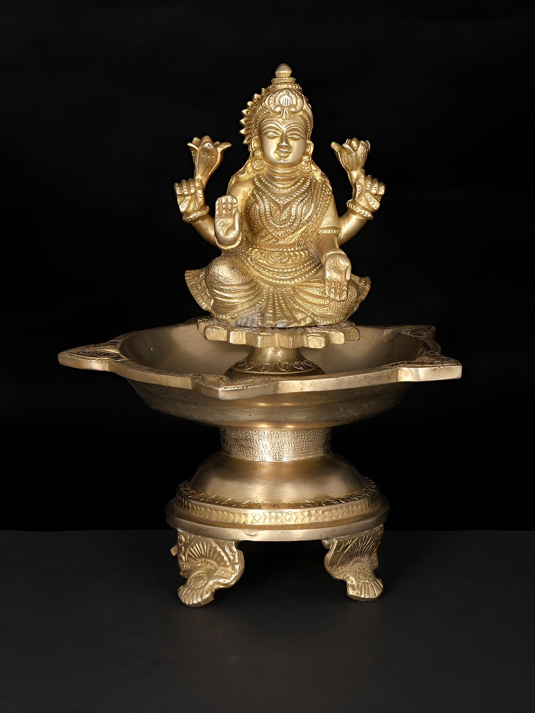 Exotic India Five Wicks Goddess Lakshmi Lamp In Brass