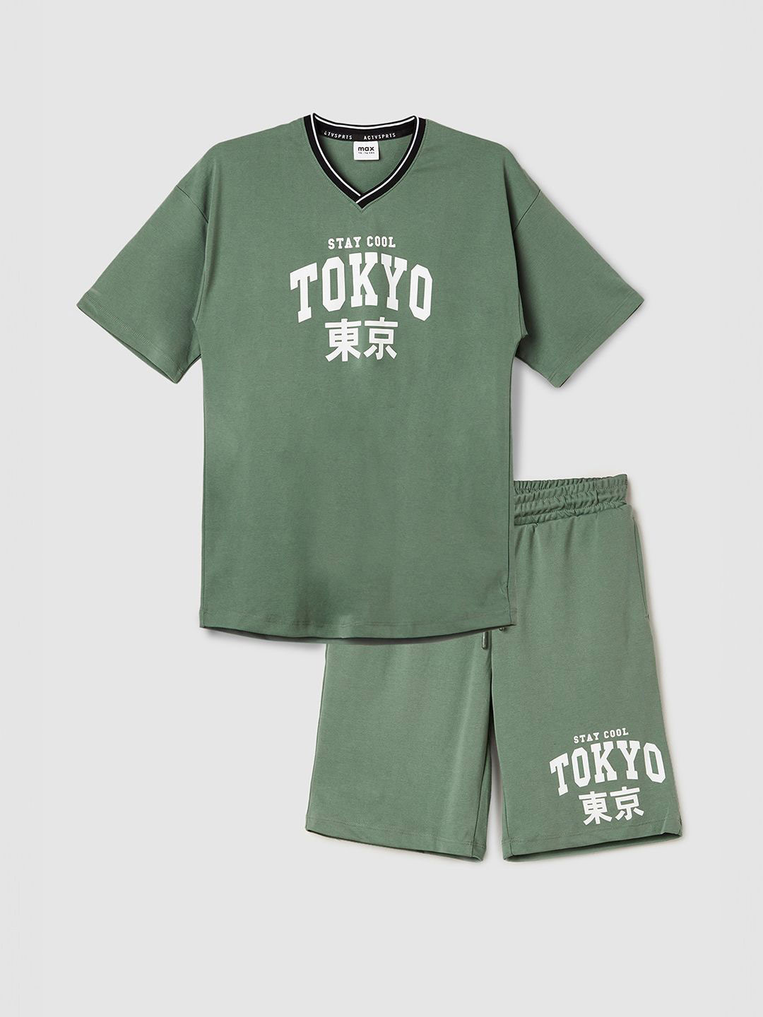 max Boys Printed V-Neck T-shirt With Shorts