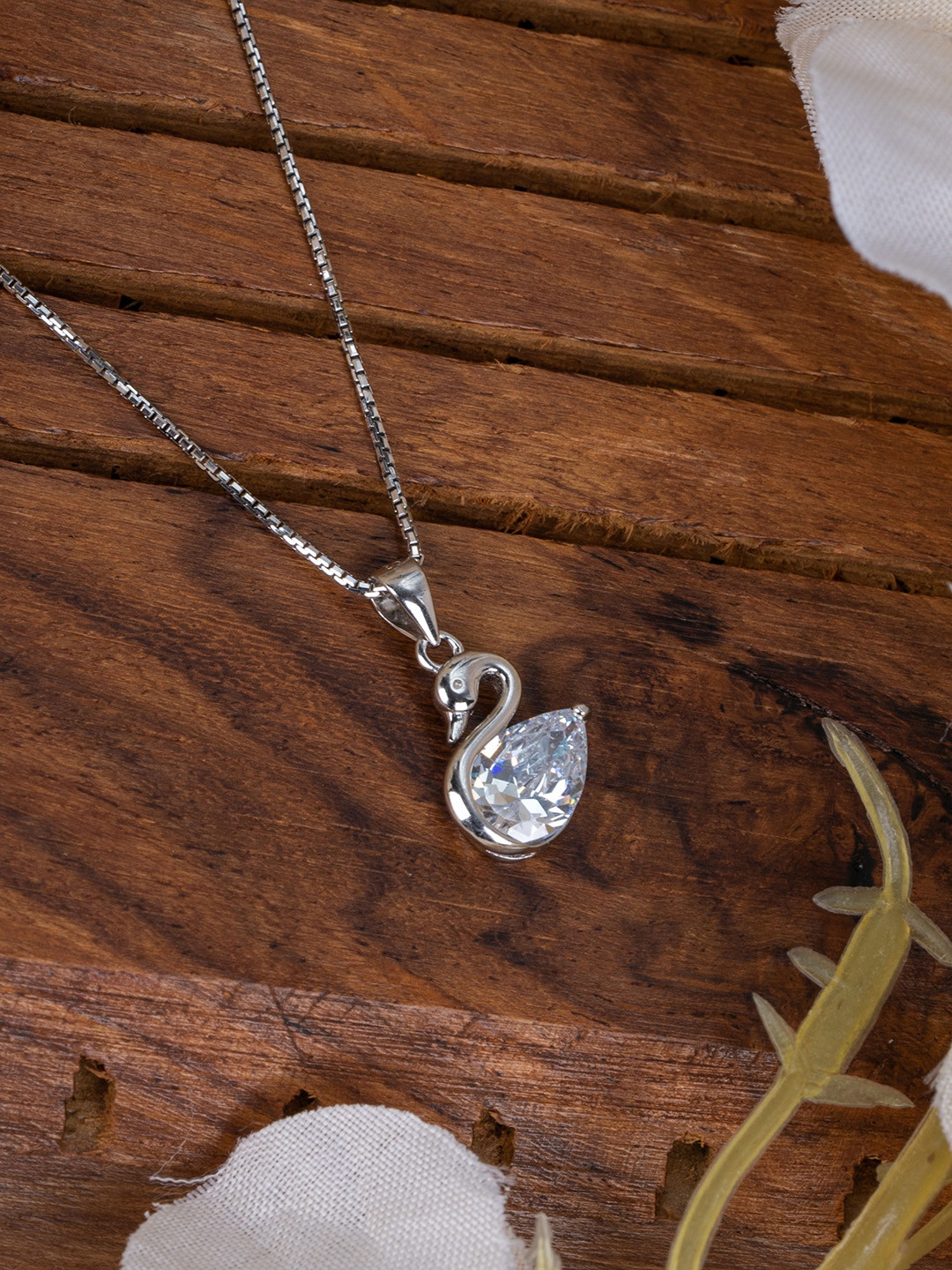 GLYTERS Sterling Silver Artificial Stones Studded Quirky Fiona Swan Pendant