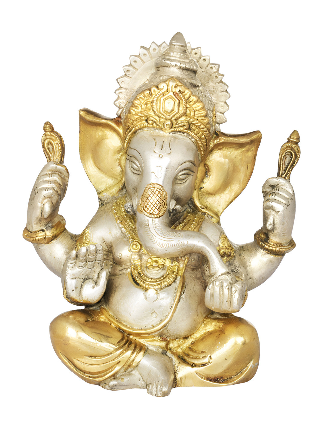 Exotic India Lord Ganesha in Ashirwad Mudra Gold Brass Metallic Prayer Room Hand Made Medium Showpiece - 5.7 Inches