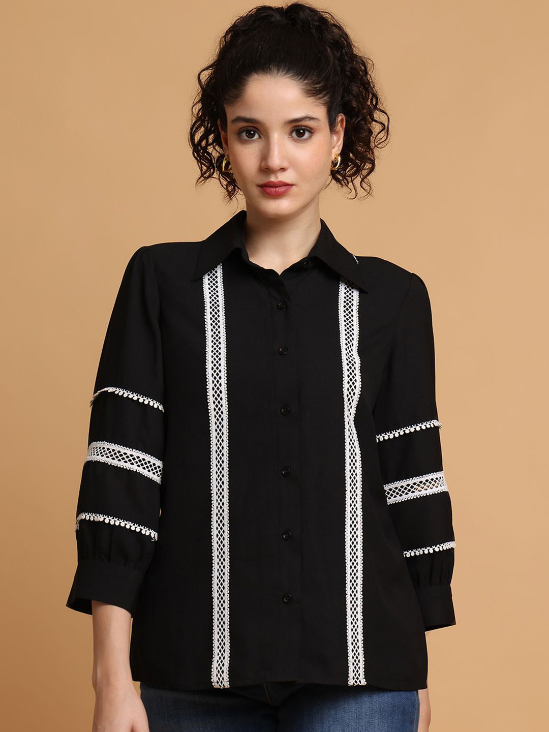 BLANC9 Women Black Shirt With Contrast Lace Detail