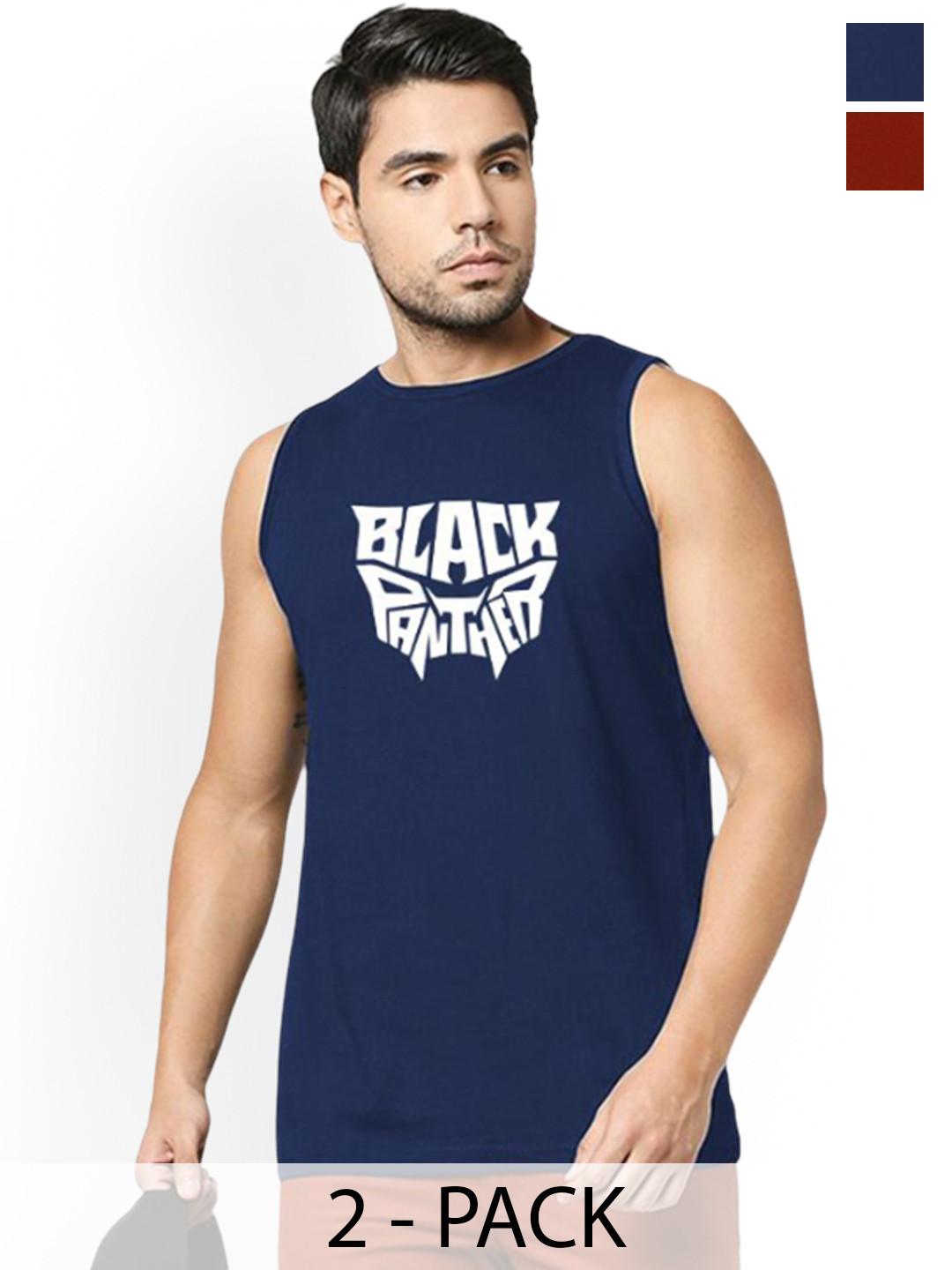 Organic Chics Pack Of 2 Printed Cotton Tank Vests Navy Panther - Maroon Deadpool_S