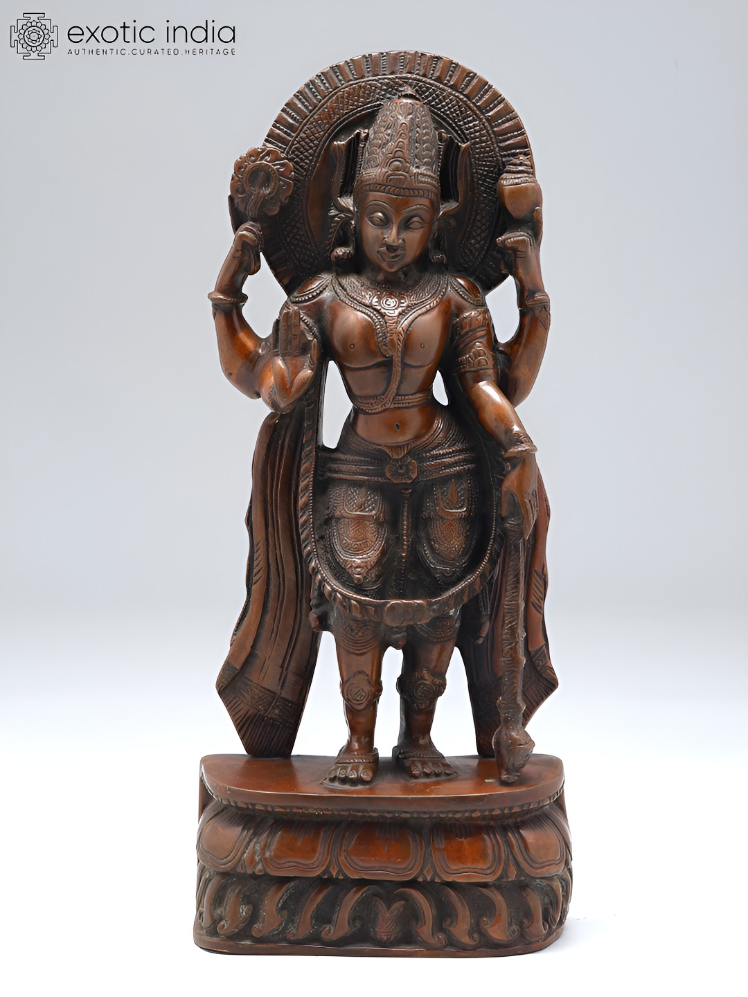 Exotic India Standing Four Armed Vishnu Brown Brass Natural Prayer Room Hand-Crafted Medium Showpiece - 14.5 Inches