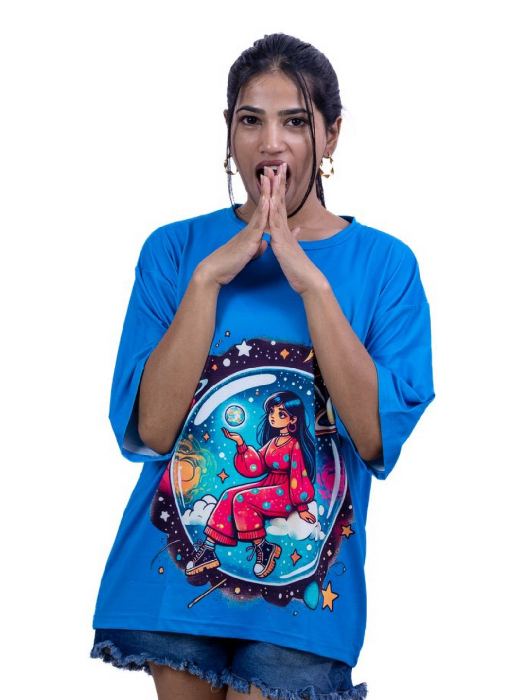 popstop Space Dreamer  Women Printed Round Neck Drop-Shoulder Sleeves Oversized T-shirt