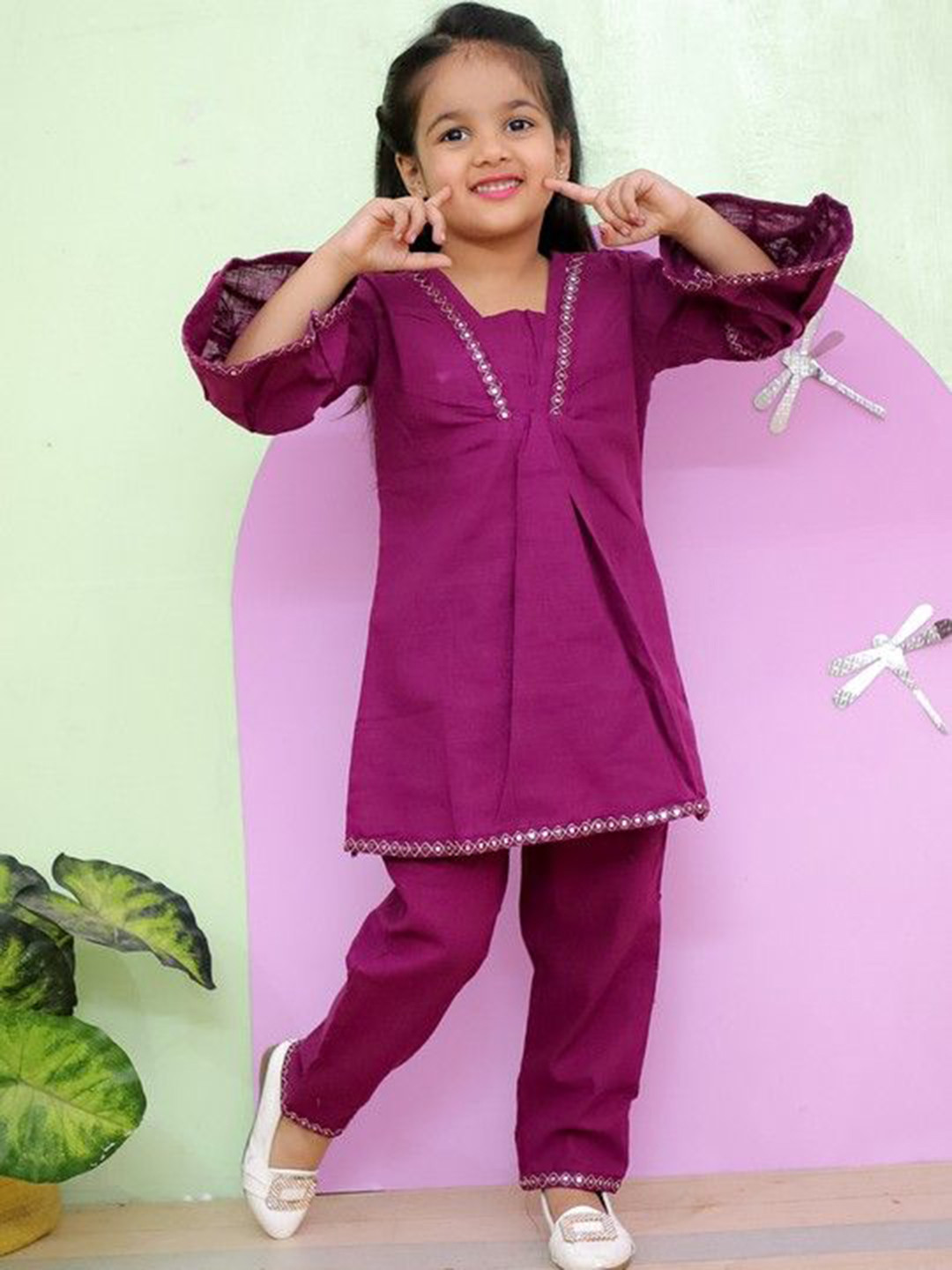 AATYA KIIDS Girl's Mirror Work Pure Cotton Anarkali Kurti With Trousers
