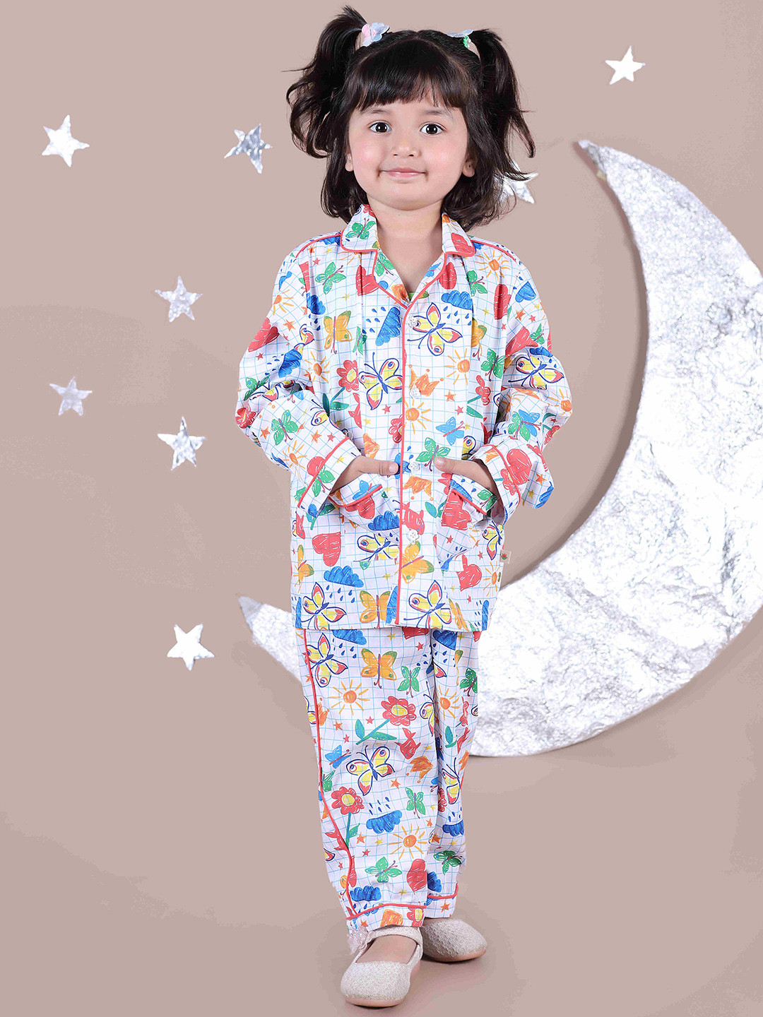 Nature Nook Kids Girls Conversational Printed Shirt Collar Pure Cotton Shirt With Pyjamas