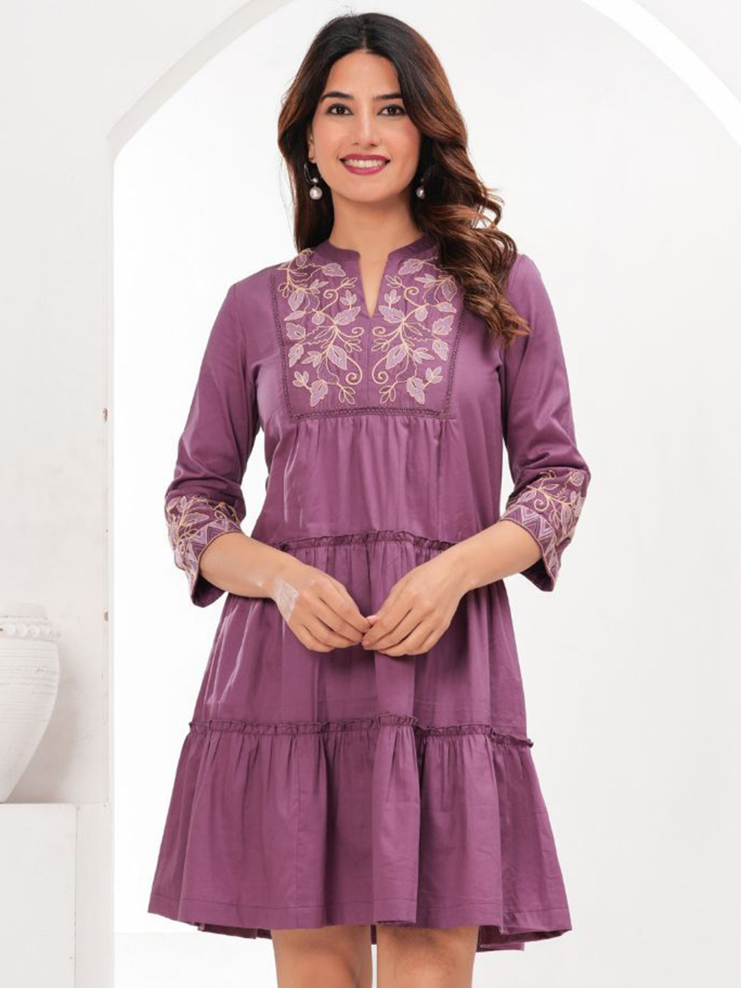 Zolo Label  Women Purple Cotton Embroidered Midi Dress