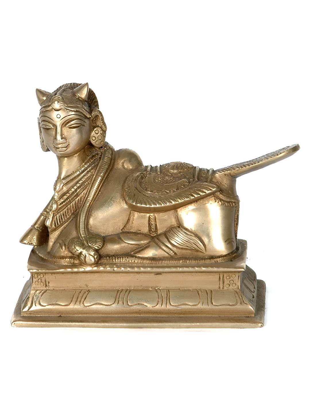 Exotic India Kamadhenu Cow Gold Brass Metallic Prayer Room Hand Made Small Showpiece - 3.5 Inches