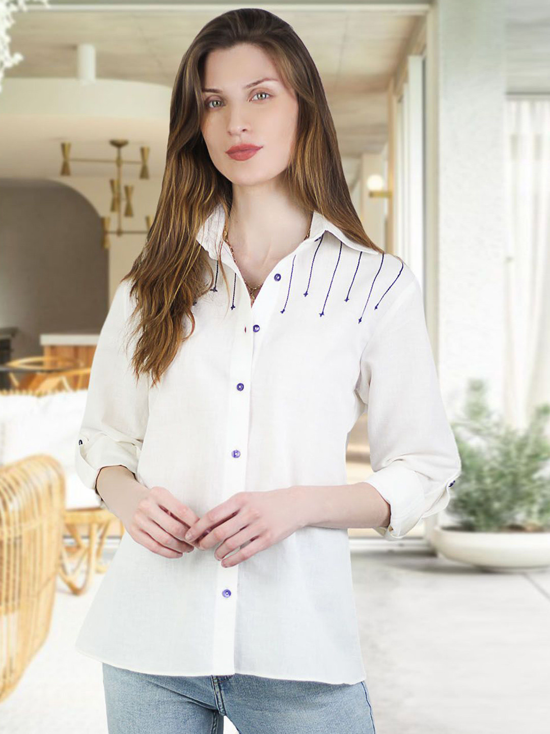 ARTYSKA Women Comfort Relaxed Fit Solid Spread Collar Cotton Casual Shirt