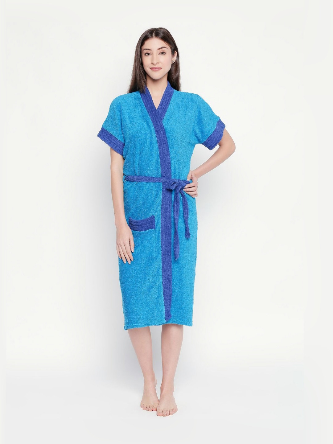 LABNO Blue Solid Cotton Drawstring Knee Length Bath Robe
