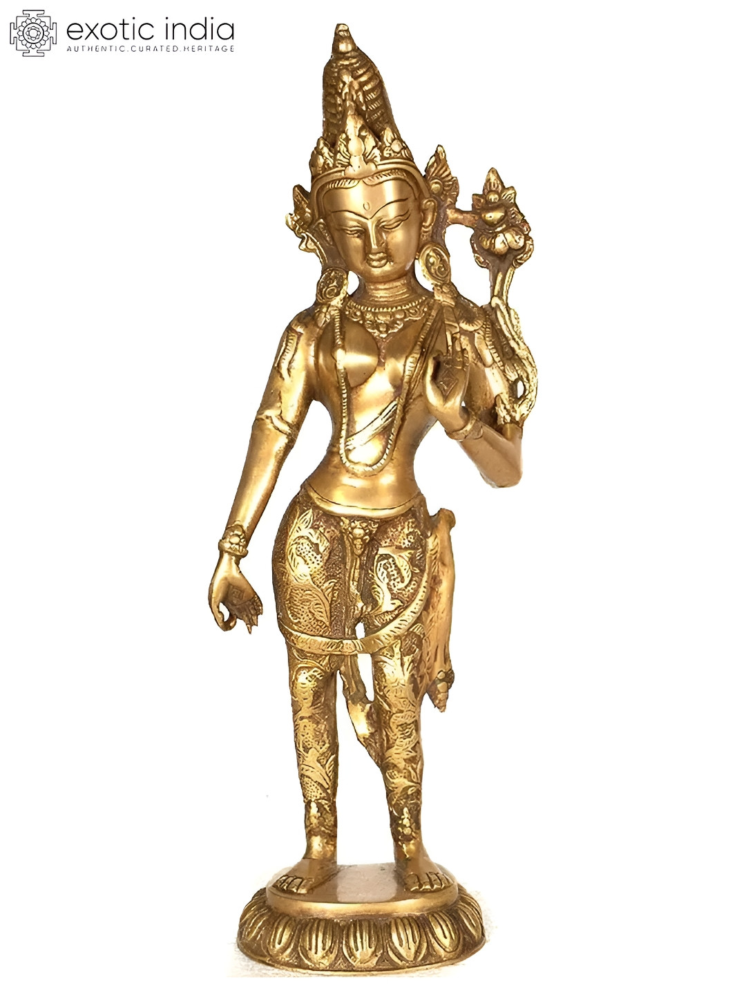 Exotic India Tibetan Buddhist Deity- Standing Tar Gold Brass Metallic Prayer Room Large Showpiece - 16 Inches