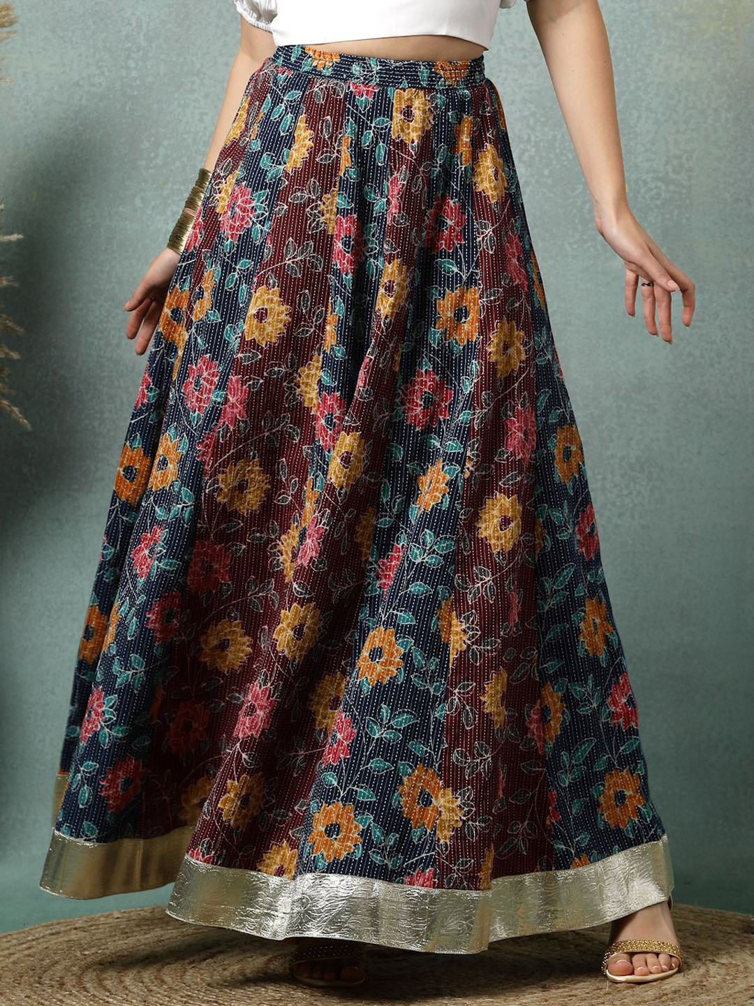 SUNEKH Floral Printed Cotton Flared Maxi Skirt