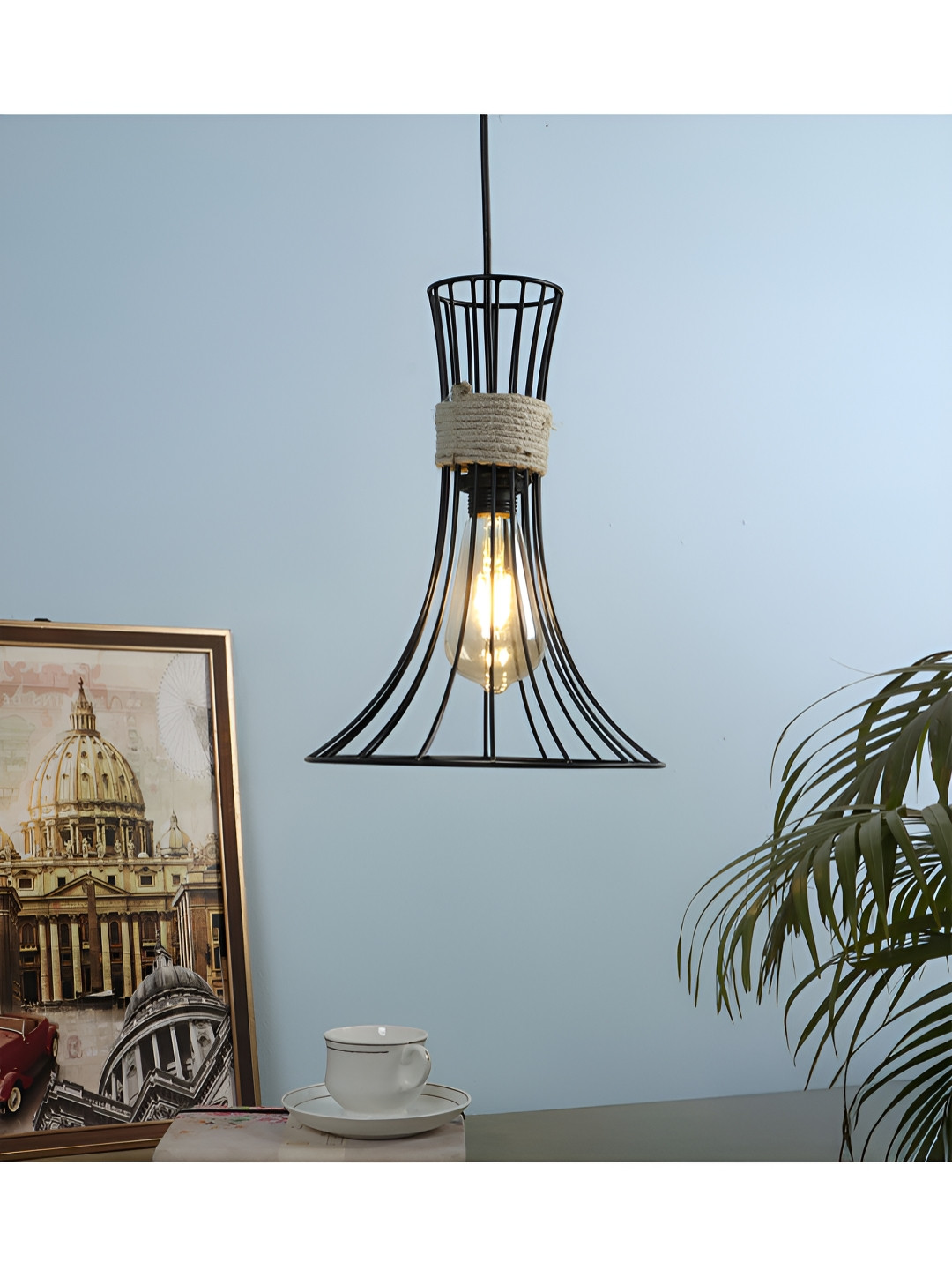 Two Moustaches Black & Gold-Toned Textured Cage Design Metal Hanging Ceiling Lamp