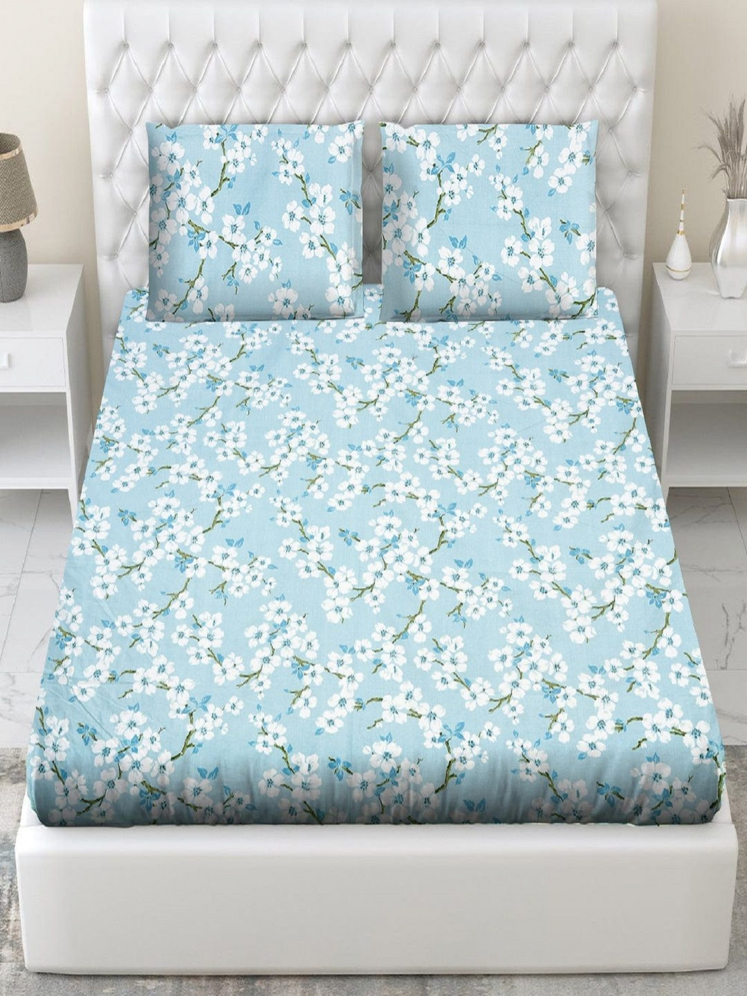 RRC Rr Creations Turquoise Blue Floral Microfiber Skin-Friendly 210 TC King Bedsheet with 2 Pillow Covers-274 x 228 cm