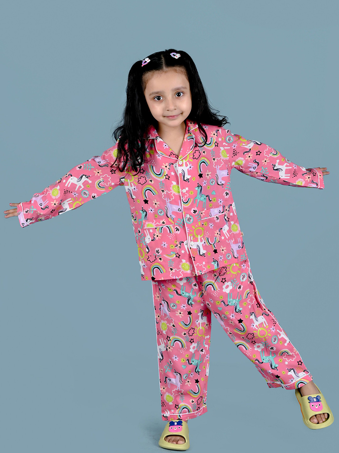 Nature Nook Kids Girl Printed Lapel Collar Shirt & Pyjamas Pure Cotton Night Suit