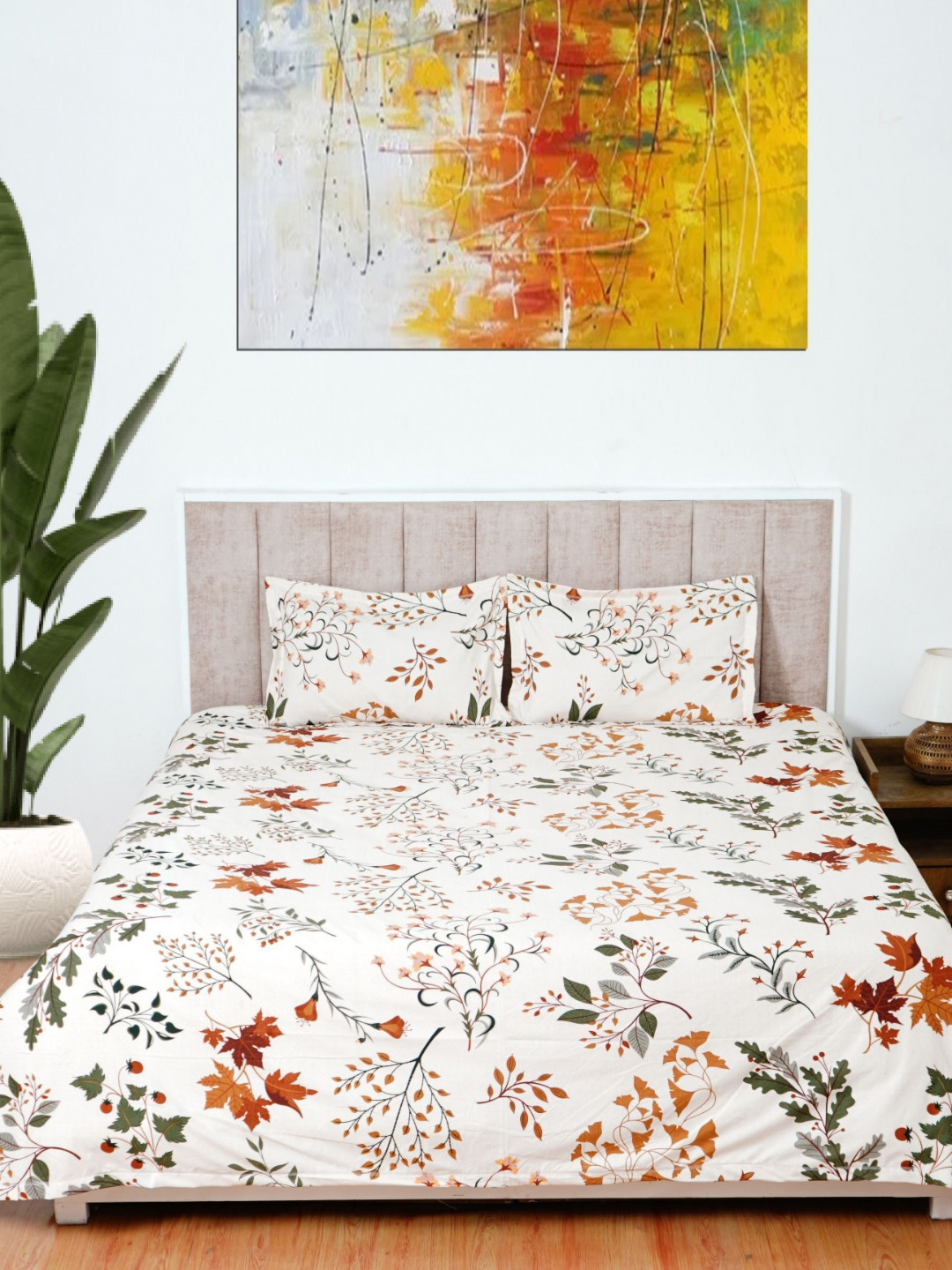 Glaxomas Premium White Floral Polycotton 250 TC King Fine Bedsheet with 2 Pillow Covers-108 x 108 inches