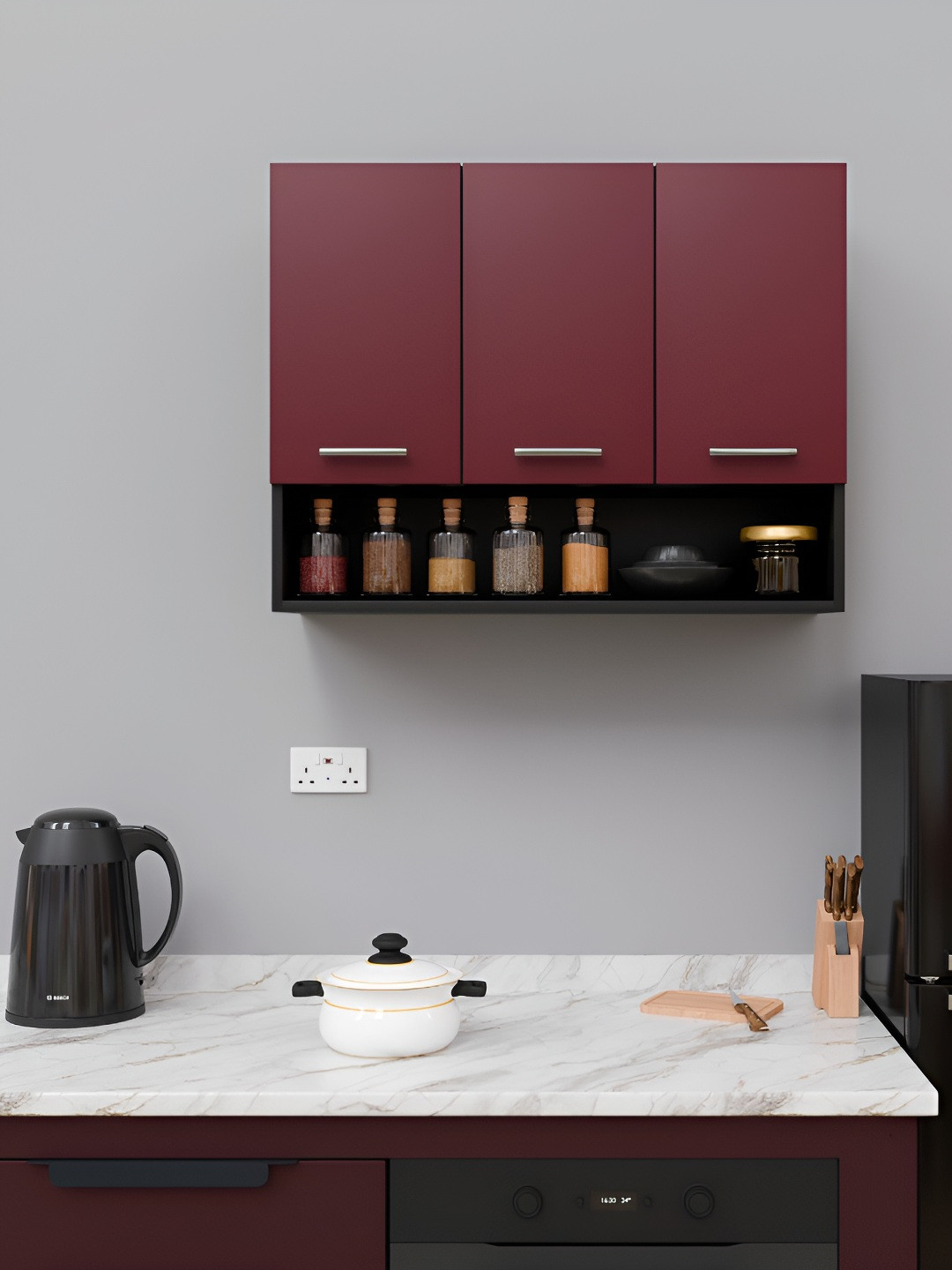 SPYDER CRAFT Maroon & Black 3 Door Matte Finished Wall Mounted Kitchen Cabinet