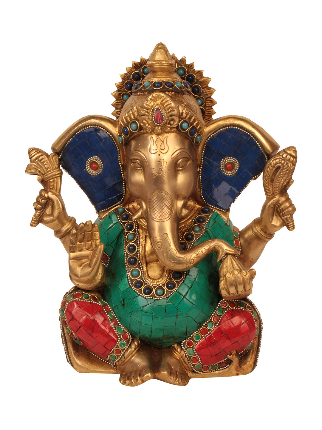 Exotic India Blessing Lord Ganesha Statue with Large Ears Gold Brass Metallic Prayer Room Hand Made Medium Showpiece - 10.5 Inches