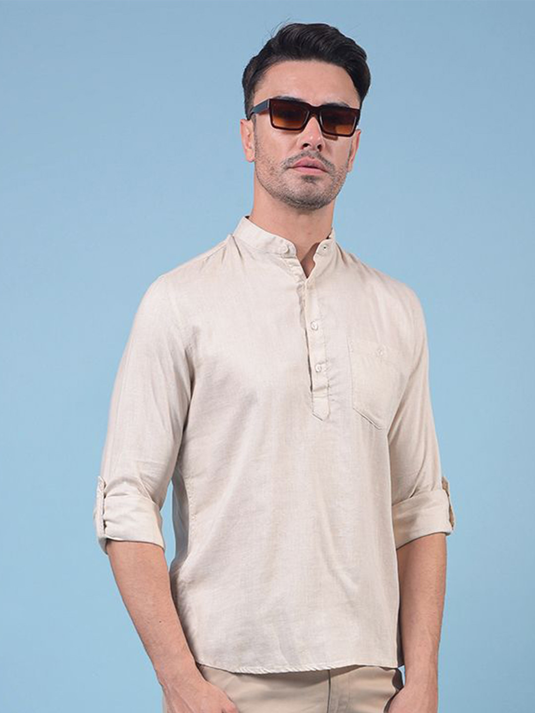 Crimsoune Club Mandarin Collar Rolled-Up Sleeves Straight Short Kurta