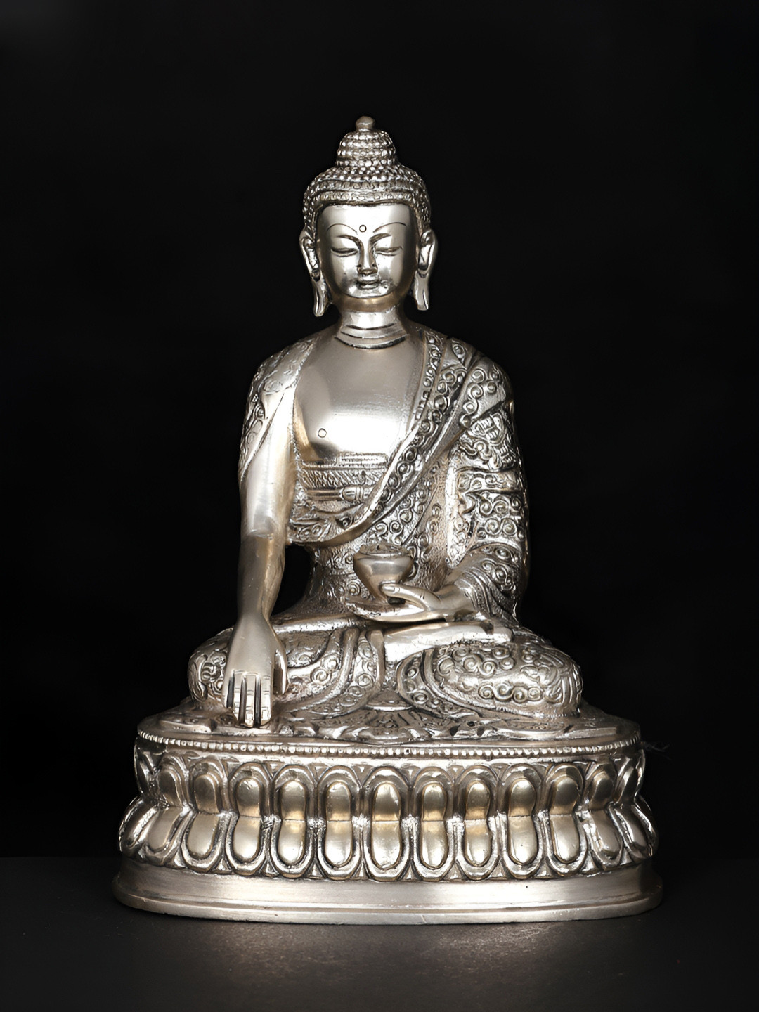 Exotic India Lord Buddha Seated in Earth Silver Brass Metallic Living Room Medium Showpiece - 8.2 Inches