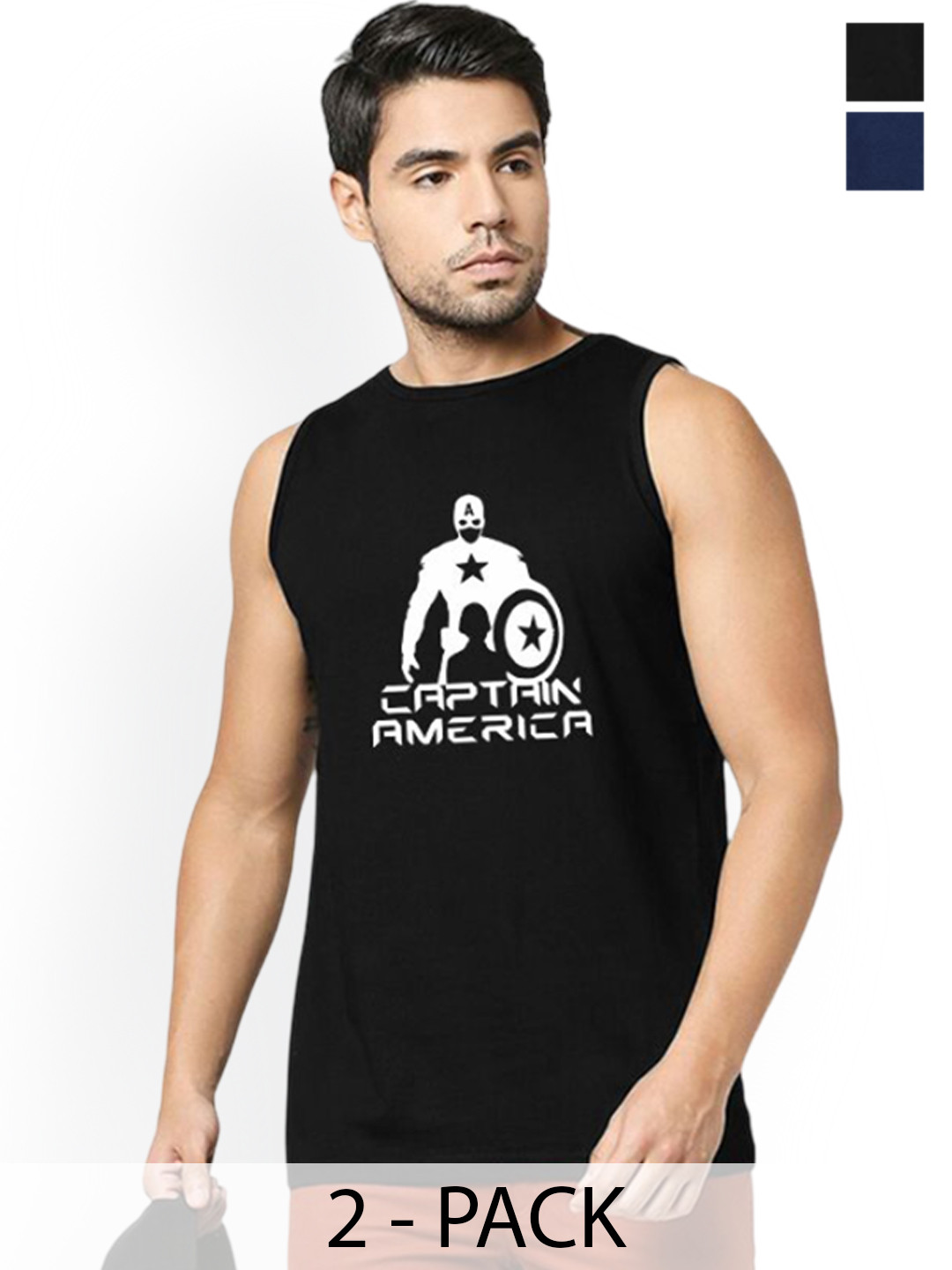 Organic Chics Pack Of 2 Printed Cotton Tank Vests Black Captain - Navy Thor_S