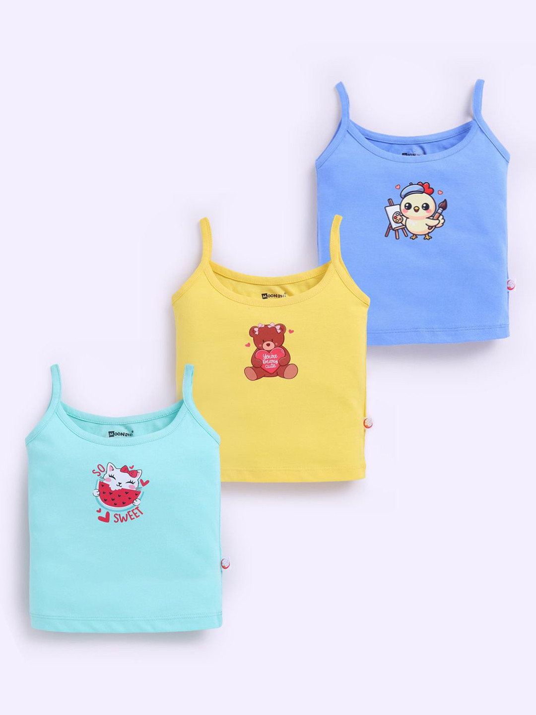 MooNKids Infants Pack Of 3 Printed Pure Cotton Vests R1-MK_Slip_3 ylw p.blu dep blu